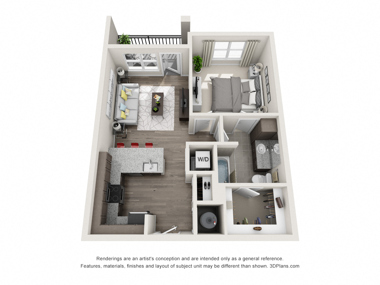 Floor plan for 1 bed, 1 bath, 689 sqft